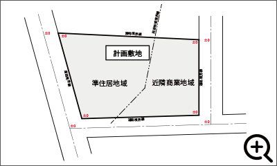 2つの用途地域がある3面接道の敷地